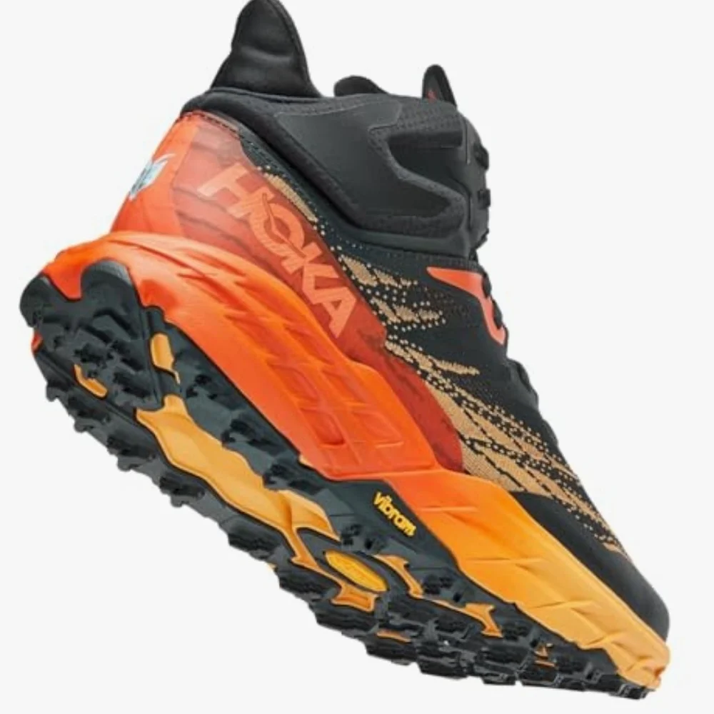 Hoka Speedgoat 5 Mid GTX Gore-Tex WATERPROOF Hiking Boots Black / Orange Yellow - Picture 6 of 12